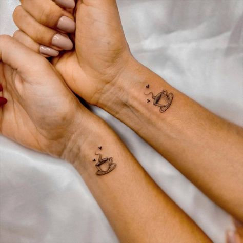 Coffee Best Friend Tattoo, Coffee Friend Tattoo, Tea And Coffee Tattoo Matching, Matching Coffee Tattoos For Best Friends, Coffee Couple Tattoo, Coffee Lover Tattoo Ideas, Tiny Coffee Tattoo, Minimalist Coffee Tattoo, Matching Coffee Tattoos