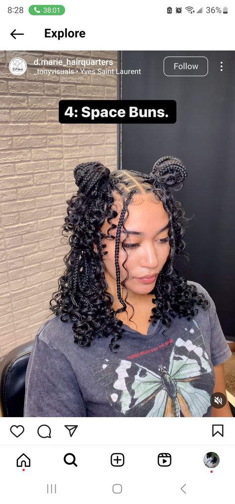 Space Bun Box Braids, Half Moon Hairstyle Braids, Box Braid Space Buns, Box Braids Space Buns, Braided Space Buns Black Women, Space Buns Braids, Braids Space Buns, Space Buns With Braids, Color Guard Hair