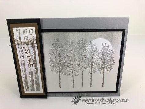 Winter Woods is perfect for a masculine card and can be so soft and simple. All product by Stampin'Up! and available at frenchiestamps.com Winter Tree Crafts, Watch Outfit, Winter Gif, Stampin Up Anleitung, Man Cards, Winter Woods, Thanksgiving Card, Wood Card, Tree Stamp