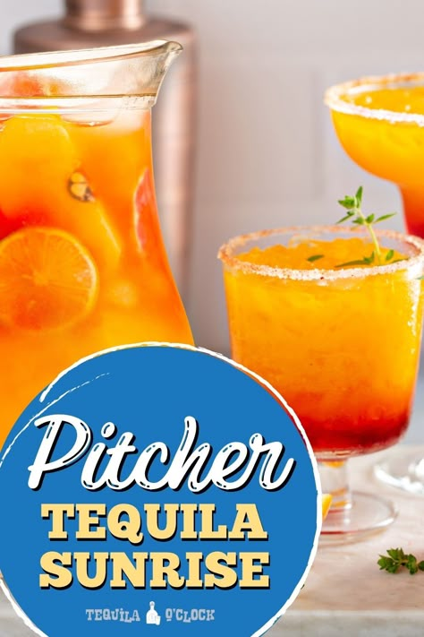 Pitcher tequila sunrise recipe Tequila Sunrise Pitcher, Big Batch Tequila Sunrise, Tequila Sunrise Pitcher Recipe, Tequila Pitcher Cocktails, Vodka Sunrise Recipe, Tequilla Sunrise, Tequila Punch, Tequila Orange Juice, Orange Crush Cocktail