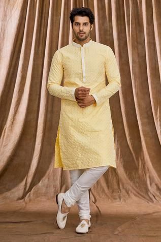 Shop for Arihant Rai Sinha Yellow Silk Dupion Lucknowi Kurta Set for Men Online at Aza Fashions Lucknowi Embroidery, Lucknowi Kurta, Yellow Kurta, Kurta Set For Men, Yellow Silk, Thread Work, Churidar, Kurta Set, Full Sleeves