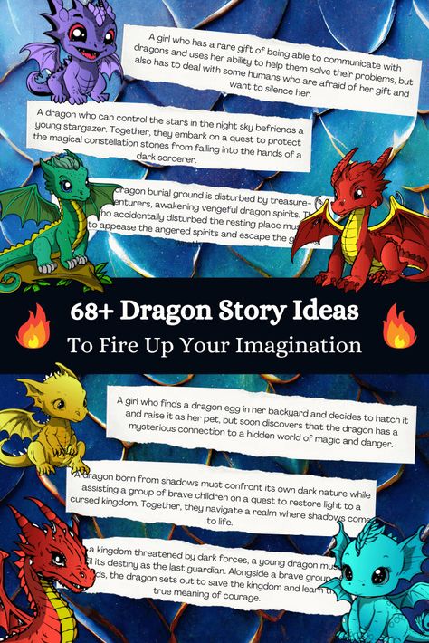 List of creative dragon story ideas to fire up your imagination. From legends of ice dragons to heart-warming tales of dragon friendships. Dragon Story Ideas, Dragon Writing Prompts, Dragon Story, Old Dragon, Dragon Names, Ice Dragon, Dragon Tales, Writing Prompts For Kids, Rare Gifts