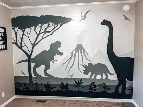 Boys Dinosaur Room, Dinosaur Bedroom Wall, Black And White Mural, Dinosaur Mural, Mural Hand Painted, Boys Dinosaur Bedroom, Dinosaur Boys Room, Hand Painted Mural, Boys Room Mural