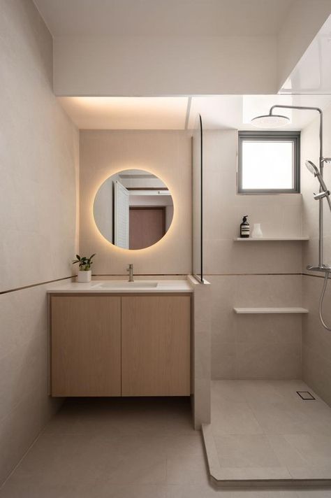 Punggol Point Woods (Block 432B) | HDB (2024) by Thom Signature Design | Qanvast Hdb Toilet Vanity, Muji Bathroom Small, Modern Hdb Interior Design, Bto Bathroom Ideas, Hdb Bathroom Design, Minimalist Bathroom Design Small Spaces, Hdb Scandinavian, Bto Scandinavian, Bto Toilet