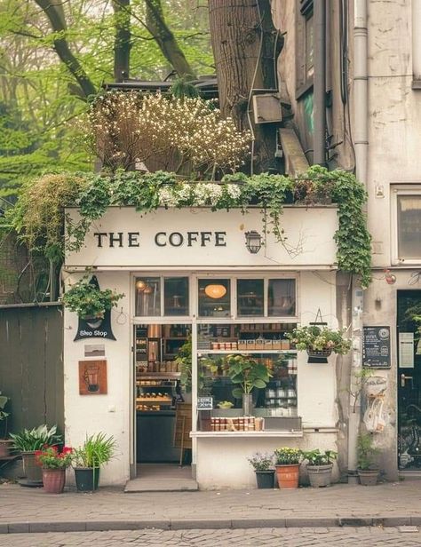 Aesthetic Cafe Building, Shop Coffee Design, Walk Up Window Cafe, Feminine Coffee Shop, Books And Coffee Shop, Fairytale Coffee Shop, Small Business Coffee Shop, Corner Cafe Exterior, Bakery Shop Design Interiors