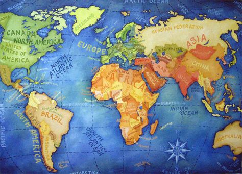 Hand Painted Wall Murals, World Map Painting, Map Mural, World Map Mural, Garden Mural, Forest Mural, Map Murals, Walnut Ink, Floral Bedroom