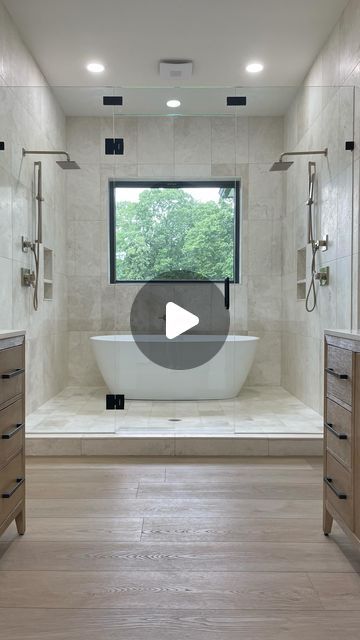 Jenna | Custom Home Build on Instagram: "My top five pros of installing a wet room in our build:  1. Design aesthetics! A wet room allowed us to maximize space + maintain symmetry in our long and narrow primary bath and have a window over our tub!  2. Can easily get out of the tub and immediately rinse off or wash my hair under the shower head without running/freezing and dripping across the floor.  3. Don’t have to worry about water splashing on drywall/baseboards and causing water damage anywhere because everything is waterproofed! This can be especially helpful if kids or pets ever bathe in here!  4. Installing handheld sprayers on both sides makes cleaning a breeze– they reach the tub too!  5. Can bring a towel in before showering and it won’t get wet laying over the tub or on a stool. Shower Tub Room Ideas, Half Wet Room Bathroom, Bathroom Bath Under Window, Steam Shower Wet Room, Long Narrow Primary Bathroom, Bath Tub And Shower Side By Side, Bath And Shower Wet Room, Bath And Shower Side By Side, Japanese Style Bathroom Wet Rooms