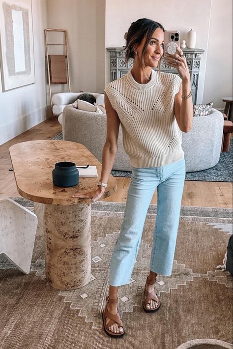 Lauren Kay Sims, Open Stitch Sweater, Top And Jeans, The In Between, Fashion Capsule Wardrobe, Outfit Top, Pointelle Sweater, Jeans Outfit Casual, Mommy Style