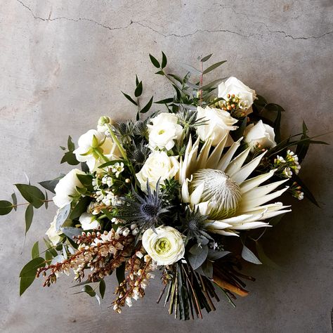 The elegant simplicity of green and white with textural contrast. King proteas, roses, ranunculus, andromeda, wax flower, sea holly and eucalyptus. White Protea Bouquet, King Protea Bouquet, Protea Bouquet, Holly Wedding, Dahlia Bouquet, Bridal Bouquet Blue, Wax Flower, Garden Wedding Reception, Sea Holly