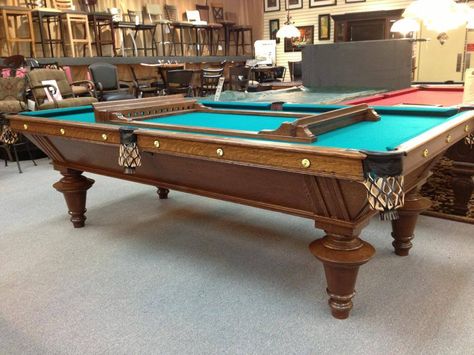 Antique 9' Brunswick-Balke-Collender York Pool Table Circa 1900.  Restored by Gebhardts.  Includes Antique BBC Cue Rack and Cues. Home Pub Ideas, Black Pool Table, Pub Ideas, Milana Vayntrub, Multi Game Table, Play Beds, Billiard Pool Table, Cue Rack, Home Pub