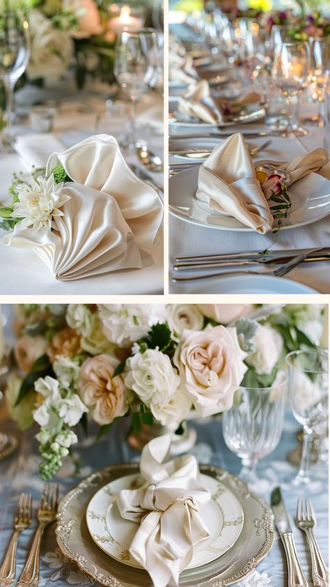 Beautifully folded wedding napkins arranged elegantly on a table, showcasing creative and unique designs to enhance wedding decor. Event Napkin Folds, Folded Cloth Napkins Wedding, Paper Napkin Folding Ideas Wedding Table Settings, Wedding Napkin Placement, How To Fold Satin Napkins, Napkin Folds For Wedding, Pretty Napkin Folds, Unique Napkin Folds, Unique Wedding Table Settings