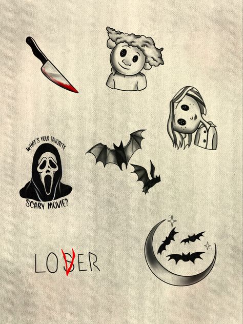 Movie Lover Tattoo, Horror Movies Tattoos, Creepypasta Tattoos, Scream Tattoo Small, Small Horror Movie Tattoos, Chucky Tattoo Design, Coraline Flash Tattoo, Coraline Flash, Flash Tattoo Ideas