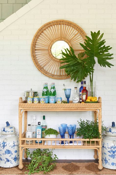 Summer Bar Cart, Bar Cart Styling Ideas, Bar Cart Inspo, Bar Cart Inspiration, Rattan Bar Cart, Lady Decluttered, Porch Bar, Boho Bar, Small Laundry Room Organization