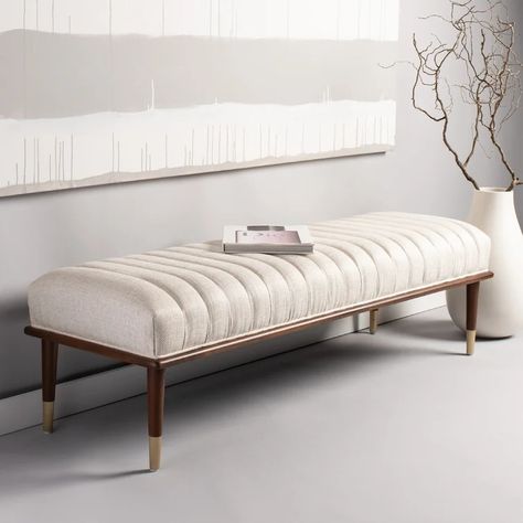 SafaviehCouture Flannery Upholstered Bench & Reviews | Wayfair Mid Century Bench, Wood Storage Bench, Tufted Bench, Upholstered Storage Bench, Bed Bench, Upholstered Storage, Linen Upholstery, Upholstered Bench, Ottoman Bench