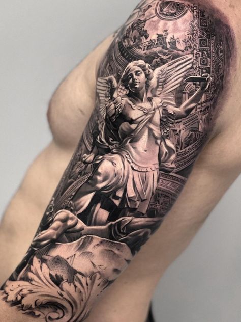 Twitter Angel Sleeve Tattoo, Archangel Tattoo, Realistic Tattoo Sleeve, Statue Tattoo, Demon Tattoo, Angel Tattoo Designs, Religious Tattoos, Arm Sleeve Tattoos, Best Sleeve Tattoos