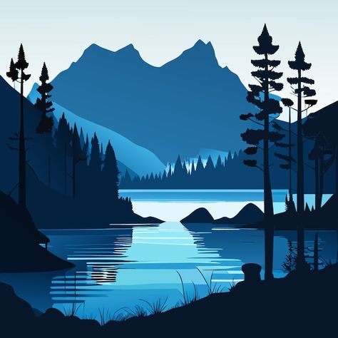 Lake mountain vector illustration | Premium Vector #Freepik #vector #river #environment #landscape #illustration Lake Illustration Simple, Mountain Lake Illustration, Graphic Landscape Illustration, Illustration Art Landscape, Posca Inspiration, Lake Landscape Design, Illustrator Landscape, Illustrated Landscape, Mountain Vector Illustration