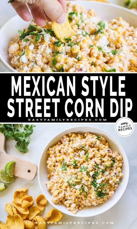 Want to wow your guests without breaking a sweat? Look no further than this easy Mexican Street Corn Dip! This recipe is a quick and easy appetizer built for a crowd, whether hosting a party or hanging with friends for game day. Elote corn dip is easy to make and oh-so-creamy, with the perfect blend of savory and sweet. Your guests will crave more of this delicious spin on traditional street corn! Street Corn Salad Dip, Game Day Corn Dip, Mexicorn Dip Recipe With Rotel, Mexican Street Corn Bites, Mexican Street Corn Dip Cream Cheese, Slow Cooker Street Corn Dip, Elote Street Corn Dip, Baked Elote Dip, Mexican Corn Dip Cold