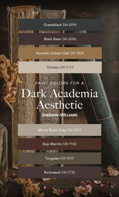 Paint Colors for a Dark Academia Aesthetic in 2022 | Earthy home decor, Paint colors for home, Paint color inspiration Rgb Palette, Desain Ux, Dark Academy, House Color Palettes, Dark Home Decor, Dark Home, Paint Colors For Home, Home Library, Barndominium