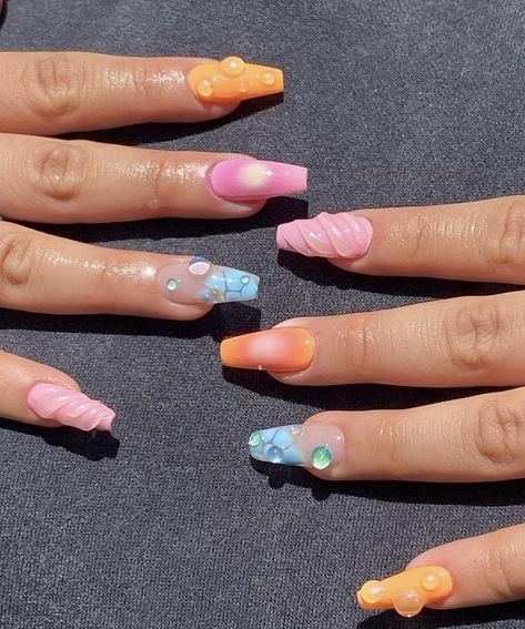 3d Summer Nails Square, 3d Drops Nails, Bright Pink Summer Nails Designs, 3d Nail Gel Art, Gel X Nails 3d, Gel X 3d Nails, 3d Gel Art Nails, Water Drop Nails Design, 3d Summer Nails Art Designs