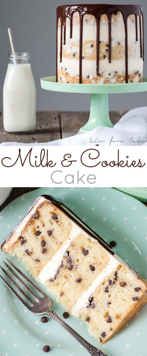 Milk & Cookies Cake! A childhood favorite gets an extreme makeover into this decadent Milk & Cookies Cake! | livforcake.com Layered Cheesecake Cake, Desserts Cake, Chocolate Chip Cake, Cookie Cake Recipe, Cookies Cake, Milk Cake, Extreme Makeover, Milk Cookies, Food Cakes