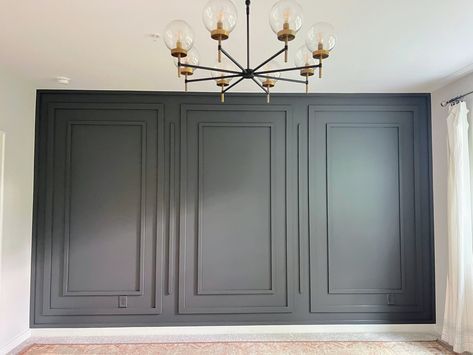 Wall Molding For Bedroom, Family Room Paneling Ideas, Accent Wall Behind Piano, Trim Accent Wall Ideas Living Room, Transitional Wall Moulding, Box Molding Accent Wall, Trim Moulding Accent Wall, Accent Wall Ideas High Ceilings, Wainscoting Bedroom Master Feature Walls