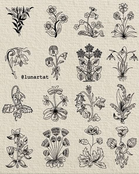 Floral Pattern Tattoo Design, Flash Art Flowers, Vintage Floral Drawing, Simple Vintage Tattoo, Medieval Flower Tattoo, Floral Flash Sheet, Art Deco Flower Tattoo, Vintage Flowers Tattoo, Traditional Tattoos Floral