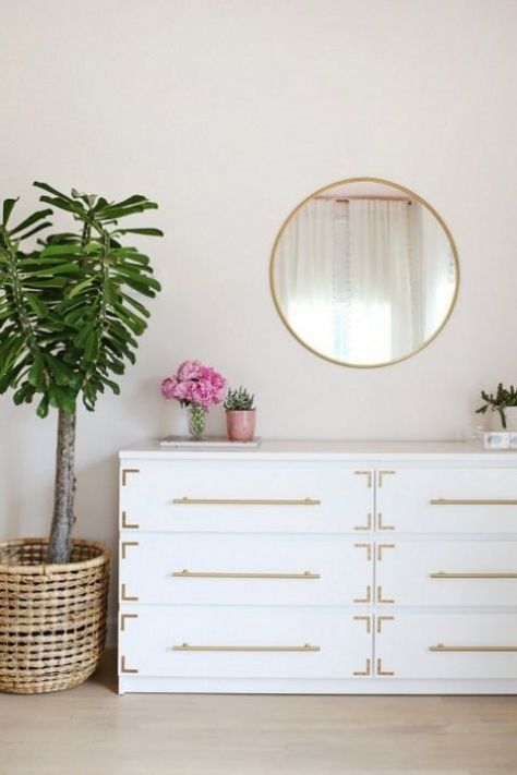 an IKEA Songesand dresser hack with gold pulls and corner braces is a timelessly chic piece Ikea Dresser Hack, Cama Ikea, Campaign Dresser, Ikea Malm Dresser, Malm Dresser, Hack Ikea, Diy Muebles Ideas, Bedroom Hacks, Ikea Dresser