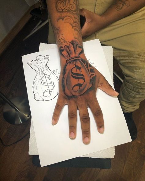 Hustle Neck Tattoo, Hustle Hand Tattoo, Moneybagg Tattoo, Hustle Tattoos For Women, Hustle Tattoo For Men, Hand Tats For Guys, 2000 Tattoo Year Ideas, Money Bag Tattoo On Hand, Hand Tats Men