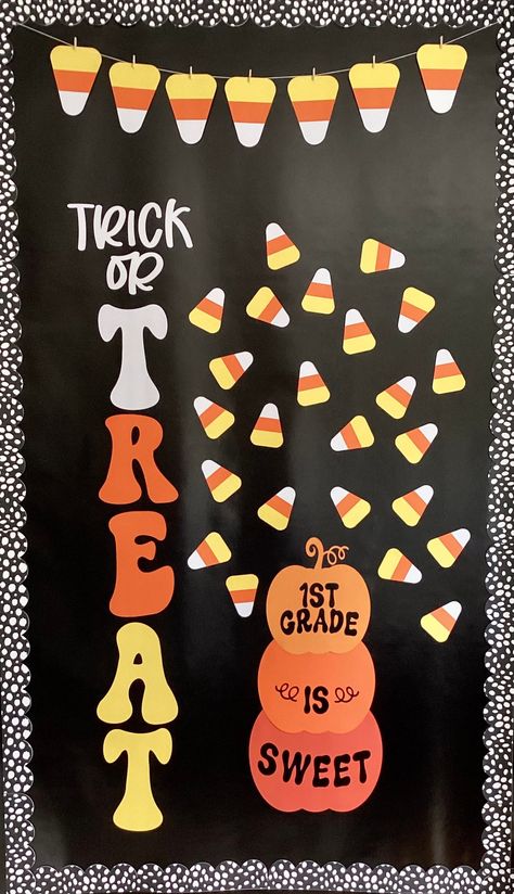 "Celebrate Halloween with everyone's favorite candy(corn). Welcome October with this adorable ready to hang bulletin board kit. Add a customized touch by personalizing the candy-corn with students' names. INCLUDES: * Banner made from 7 candy-corn pennants (each measuring approximately 4\" x 6\") * \"Trick or TREAT\" phrase as shown with each letter for the word \"TREAT\" measuring approximately 6\" x 9\" * 1 pumpkin stack personalized with your grade level (measuring approximately 12\" x 25\") * Halloween Decorations For Preschool Room, Halloween Boards For Preschool, First Grade Halloween Bulletin Board, Door Design For Halloween, Trick Or Treat Door Decorations, Candy Corn Letters, Candy Corn Door Classroom, Candy Corn Stacking Game, Candy Corn Door Decoration