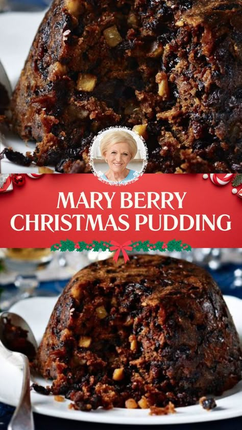 Mary Berry’s Christmas Pudding is made with dried mixed fruit, a cooking apple, orange rind and juice, brandy (or sherry/rum), butter, light muscovado sugar, eggs, self-raising flour, mixed spice, fresh white breadcrumbs, and whole shelled almonds. This traditional Christmas pudding recipe creates a festive dessert that takes about 9 hours and 20 minutes to prepare and can serve up to 6-8 people. British Christmas Pudding, Easy Christmas Pudding Recipes, Xmas Pudding Recipe, Christmas Pudding Ideas, Mary Berry Christmas Pudding, White Pudding Recipe, Traditional Christmas Cake Recipe, English Christmas Pudding, Mary Berry Desserts