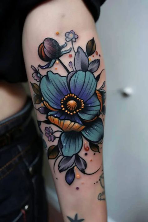 Discover beautiful October Birth Flower tattoo ideas for women! Whether you're into traditional or neo-traditional designs, consider Marigold and Cosmos themes for your next tattoo. From intricate sleeve designs to small, colorful creations for your thigh or arm, the options are endless. Let these blooming birth flowers inspire your next piece of body art! Neo Flower Tattoo, Full Thigh Sleeve Tattoo Women, Indigo Flower Tattoo, Scandinavian Flower Tattoo, Flash Tattoo Designs Neo Traditional, Colour Flower Tattoo, Cosmos Flowers Tattoo, Blue Flowers Tattoo, Inner Elbow Tattoos For Women