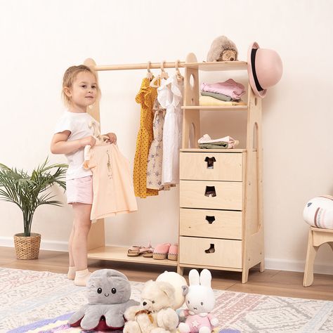 Montessori Wardrobe Montessori Dresser, Open Wardrobes, Montessori Wardrobe, Books Storage, Montessori Bedroom, Childrens Bedroom Decor, Clothes Toys, Open Wardrobe, Toddler Bedroom