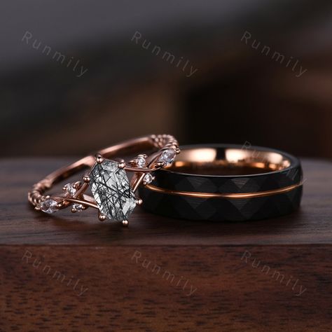 Here we have a Vintage Black Rutilated Quartz Couples Ring Rose Gold Matching Ring Set His and Hers Wedding Band Promise Ring For Men For Women Black Stone. Moss agate set: https://www.etsy.com/listing/1716926987/vintage-green-moss-agate-couples-ring?click_key=976c78ae43186872022d4c59854a52d0ed895813%3A1716926987&click_sum=15a89b76&ref=shop_home_active_36&pro=1&frs=1 Green emerald set: https://www.etsy.com/listing/1713102440/vintage-green-emerald-couples-ring-rose?click_key=90d98b915f7b0263b61f5 Wedding Rings For Men And Women, Matching Ring Sets, Matching Ring Sets For Couples, Black And Green Rings, His And Hers Wedding Rings Sets, Non Traditional Wedding Ring Sets, Rose Gold And Black Engagement Ring, Goth Wedding Ring Set, Couples Rings Matching