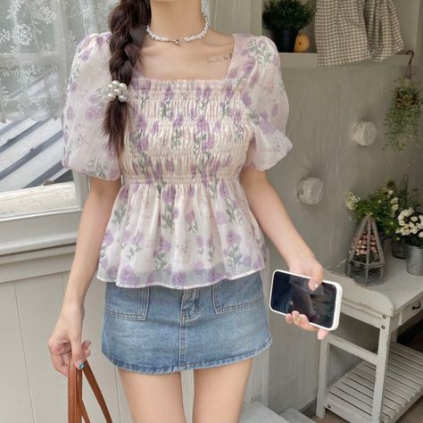 Item No. K71 Material: 100% Polyester Color: Floral Printed US Size:  S, M, L, XL, 1X - Handcrafted. - Chiffon Tops. - Tie Back. - Square Neck. - Ruffle. - Puff Sleeves. - Short Sleeves. - Elastic Bust. - Elastic Waist. - Double Layers. - Made ethically with a lot of love and care. Chiffon Tops For Women, Tops Designs For Jeans, Floral Chiffon Top, Sleeves For Women, Chiffon Shorts, Blue Denim Skirt, Quick Outfits, Chiffon Ruffle, Chiffon Skirt