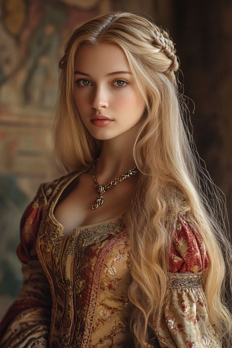 Female Elf Cosplay, Noble Woman Art, Medival Characters, Princess Face Claim, Blonde Female Character Inspiration, Oc Medieval, Medieval Portrait, Women In Armor, Medieval Beauty