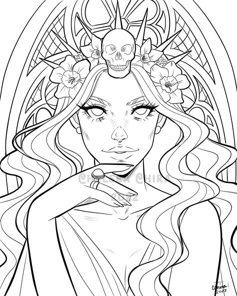 Lore Olympus Persephone Coloring Sheet Aphrodite Coloring Page, Hades And Persephone Coloring Pages, Colouring Page For Adults, Persephone Drawing Sketch, Persephone Coloring Page, Greek Goddess Coloring Pages, Persephone Portrait, Queer Coloring Pages, Things To Colour In