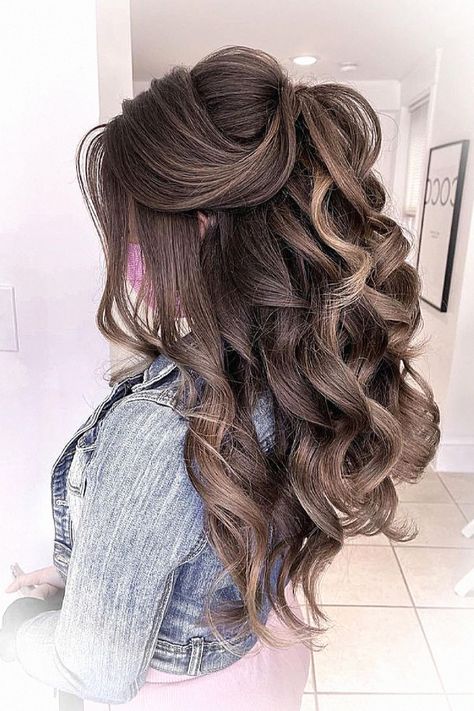 In awe of the gorgeous half up half down look. Hit follow for more glam inspo, and drop a comment on your favorite. Half Updo With Curls, Dark Brown Wedding Hair Half Up, Volume Hair Half Up Half Down, Half Up Down Bun Hairstyles, Half Up Half Down Soft Curls, Half Up Half Down Wedding Hair With Bow, Waterfall Half Up Half Down, Half Up Half Down Wedding Hair Volume, Half Pony Hairstyles Wedding