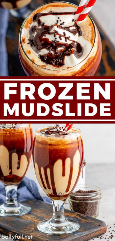 Frozen Mudslide {best grown-up milkshake!} - Belly Full Thermomix Cocktails, Frozen Alcoholic Drinks Recipes, Mudslide Cocktail, Frozen Mixed Drinks, Mudslide Recipe, Kahlua Drinks, Frozen Drinks Alcohol, Homemade Chocolate Sauce, Frozen Drink Recipes