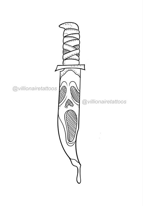 Ghost Face Holding Knife Tattoo, Scary Flash Art, Scream Knife Tattoo Design, Halloween Tattoo Stencil Outline, Scream Tattoo Ghostface Outline, Ghostface Outline Tattoo, Scream Tattoo Design Stencil, Ghostface Flash Tattoo, Disney Horror Tattoos