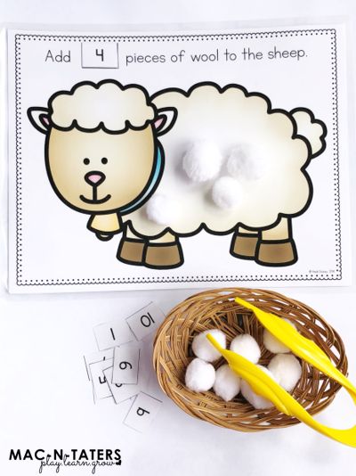 Free Farm Theme Counting Activity Counting Sheep Wool Fine MOtor Activity Farm Themed Fine Motor Activities, Farm Number Activities, Counting Sheep Activity Preschool, Preschool Sheep Activities, Sheep Activity Preschool, Sheep Craft For Preschoolers, Farm Unit Preschool Activities, Farm Rhyming Activities Preschool, Sheep Preschool Activities