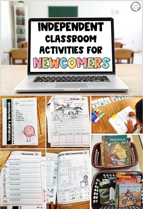 There are certain times during the school day, particularly during Language Arts, when students are working independently to build their reading and writing skills. So what meaningful activities can newcomers work on during this time? Here are 4 suggestions that beginning English learners can do , that require little to no support from the teacher. Esol Writing Activities, Instructional Writing Activities, Teaching English To Newcomers, Esl Centers Activities, Esl Newcomer Activities, Ell Newcomer Activities, English Learners Activities Ideas, Newcomer Esl Activities, Esl Classroom Ideas