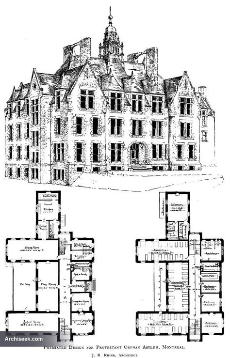 1894 - J.R. Rhind, architect, Design for Protestant Orphanage, Montreal, Quebec Orphanage Design Layout, Orphanage Building Drawing, Minecraft Orphanage Build, Orphanage Building Design, Orphanage Layout Bloxburg, Orphanage Fantasy Art, Orphanage Home Design, Orphanage Concept Art, Orphanage Floor Plan