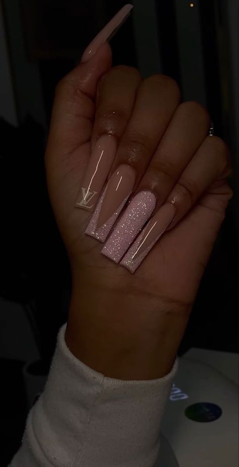 Acrylic Nails Nude Design, Pink Acrylic Nail Ideas, Baddie Acrylic Nails Long, Long Nails Square, Louis Vuitton Nails Acrylic, Long Simple Nails, Jelly Nails Acrylic, Nails Baddie, Long Acrylic Nails Pink Glitter