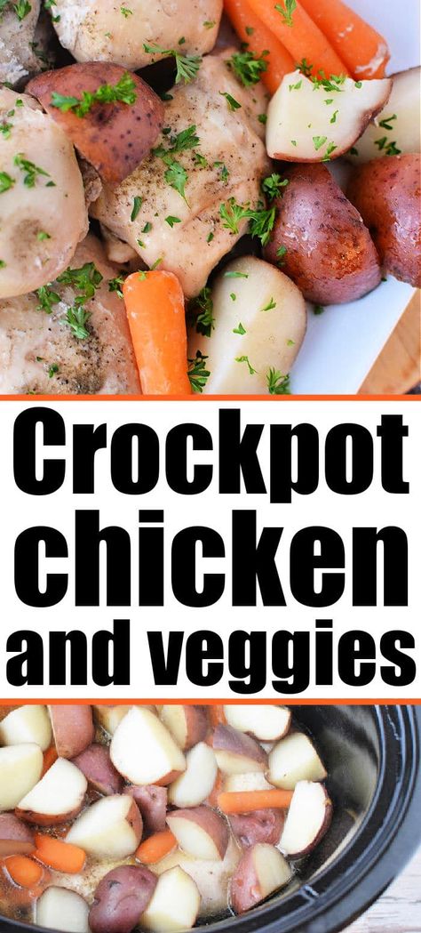 Slow cooker chicken thighs and potatoes cooked together as a one pot meal is great. Chicken and vegetables in Crockpot makes dinner easy! #chickenandvegetables #crockpotchickenandvegetables