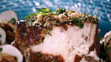 Hot Smoked Swordfish with White Clam-Garlic-Parsley Sauce Recipe | Bobby Flay | Food Network Smoked Swordfish, Swordfish Steak, Grilled Flatbread, Swordfish Recipes, Warm Potato Salads, Grilled Halibut, Clam Sauce, Pulled Pork Tacos, Video Food