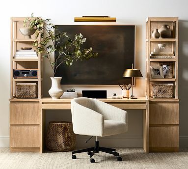 Pottery Barn Office Ideas Inspiration, Bookshelf And Desk Combo, Built In Desk With Tv, Tv And Desk Wall Unit, Home Office Guest Room, Tv And Bookcase Wall, Home Office Built Ins With Desk, Wall Unit With Desk, Pottery Barn Office