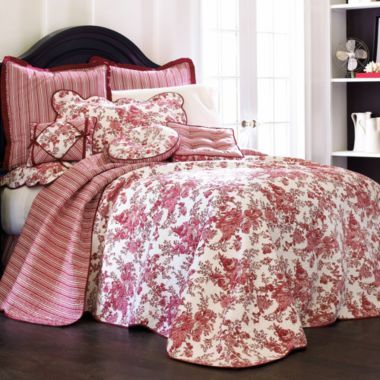 jcp home™ Toile Garden Bedspread found at @JCPenney Plum Bedding, Waverly Bedding, Toile Bedding, Amity Home, Red Toile, Queen Bedspread, French Country Bedrooms, Cotton Bedspread, Garden Pillows