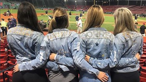 Bedazzled Jean Jacket, Games Outfits, Astros Game, Bedazzled Jeans, Kate Upton, Hockey Mom, Baseball Game, Custom Jacket, Patches Jacket