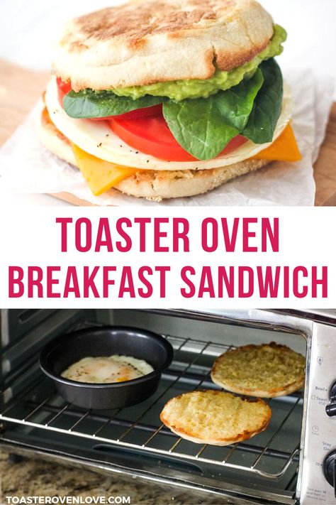 Skip the drive-thru and make this EASY 10-Minute Toaster Oven Breakfast Sandwich instead. (It cooks entirely in your little oven!) Slap on a slice of melty cheddar cheese, fresh tomato, and creamy avocado for a healthy and filling on-the-go breakfast! #breakfast #sandwich #eggs #toasteroven #easybreakfast Healthy Toaster Oven Meals, What To Cook In A Toaster Oven, Eggs In Toaster Oven, Toaster Oven Eggs, Breville Toaster Oven Recipes, Ninja Toaster Oven Recipes, Oven Toaster Recipes, Toaster Oven Breakfast, Healthy Toaster Oven Recipes