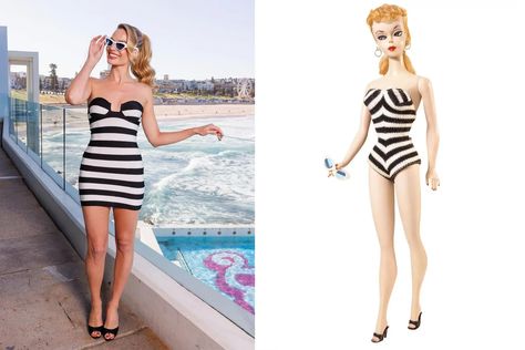 Every Specific Barbie Reference In Margot Robbie’s Wardrobe | British Vogue Barbie Reference, Famous Blondes, Original Barbie Doll, Transparent Clothing, Black And White Swimsuit, Cher Horowitz, Pink Pleated Skirt, Greta Gerwig, Vintage Versace